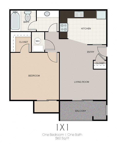 Floor plan for 1 bed, 1 bath, 560 sqft